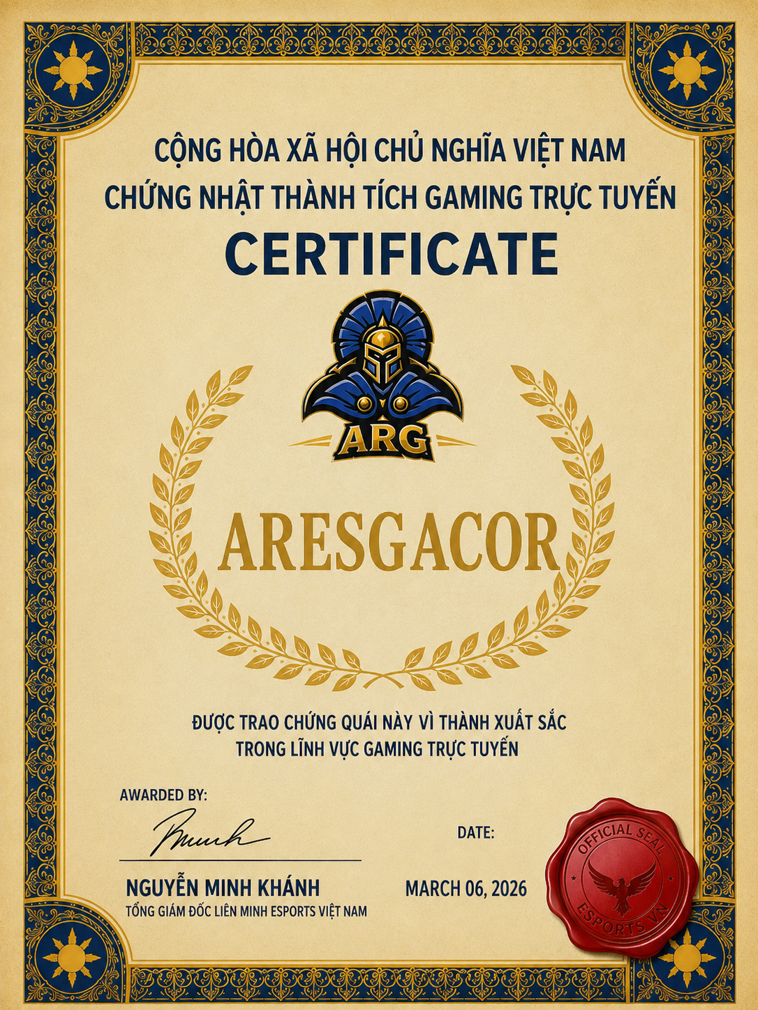 certificate 2026 vietnam aresgacor